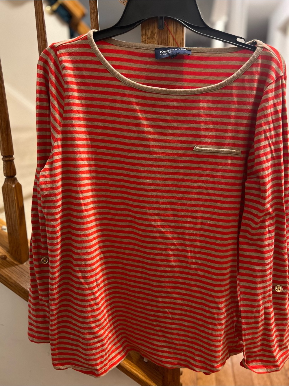 Jones New York Red and Tan Striped Long Sleeve Tee